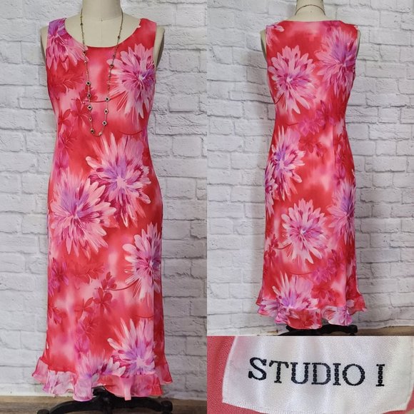 90s Y2K Bias Cut Slip Dress ruffle hot pink Fuschia floral midi L 12 - Picture 1 of 4